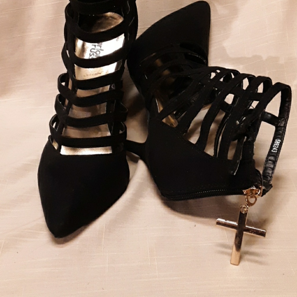 Black Caged Heels with Cross Charm